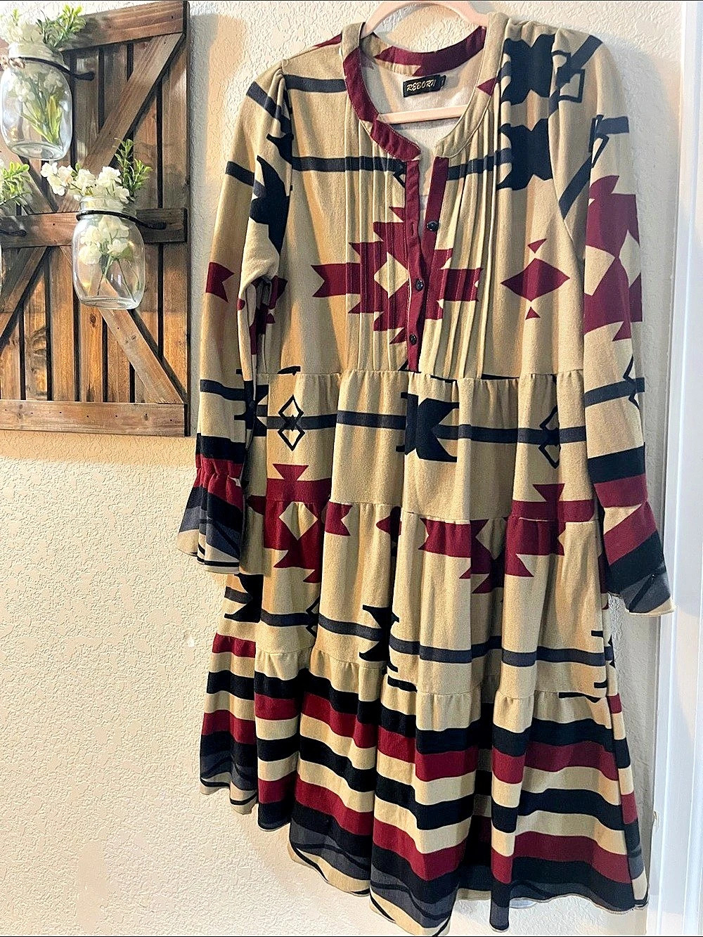 REBORN Geometric Maxi Dress Beige & Red Size XL Like New